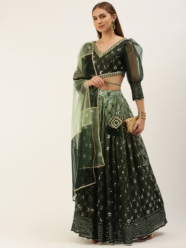 Bollywood Vogue Ready To Wear Green Embroidered Ombre Embellished Lehanga