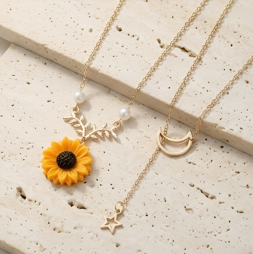 Sunflower Pearl & Crescent Moon Necklace Set