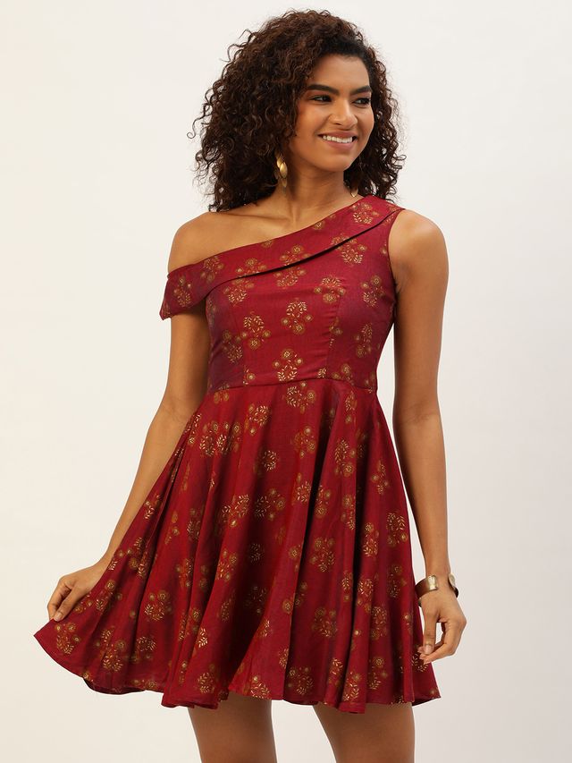 Bollywood Vogue Ready To Wear Maroon Printed One Shoulder Dress