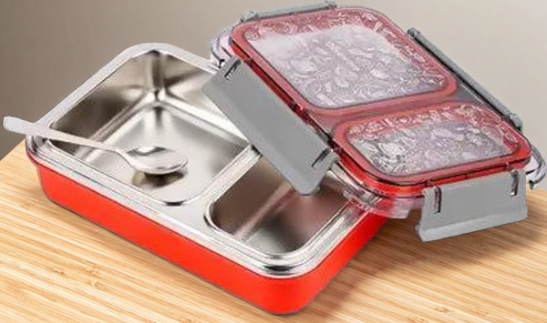 Oliveware Bento Master 2 Kids Lunch Box | with 2 dividers | Steel Spoon 2 Containers Lunch Box (600 ml, Thermoware) (MULTI COLOR)