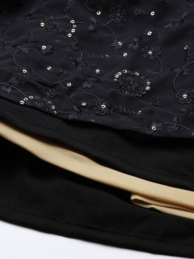 Bollywood Vogue Ready To Wear Dark Grey Georgette Sequins Embroidered N Black Net Lehenga