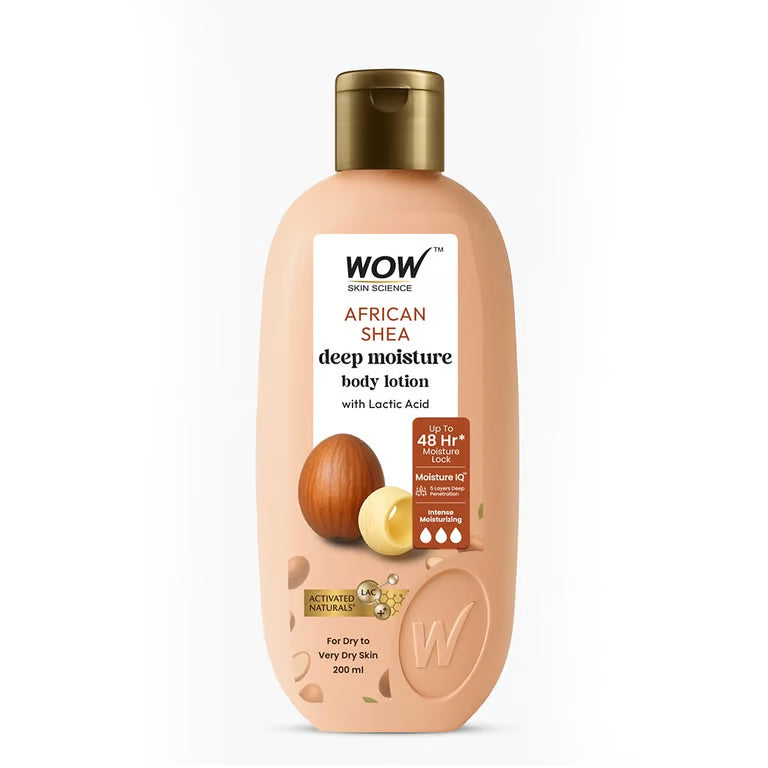 WOW Skin Science African Shea Butter Body Lotion with Lactic Acid for Deep Hydration and 48 Hours Moisturization for Dry and Rough Skin 200ml