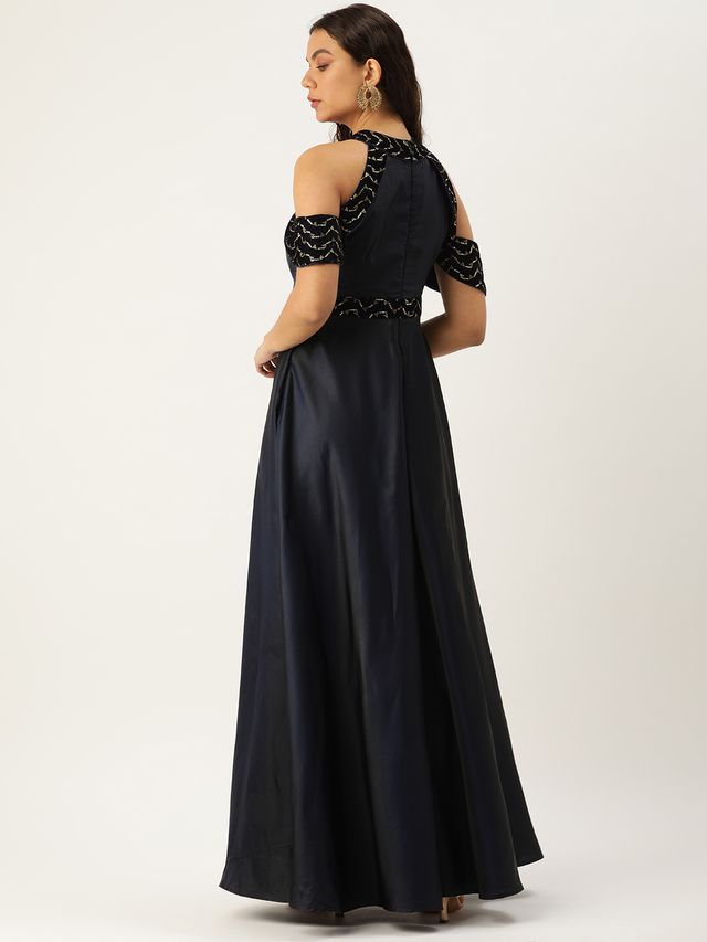Bollywood Vogue Ready To Wear Navy Blue Velvet Embroidered Off Shoulder Dress