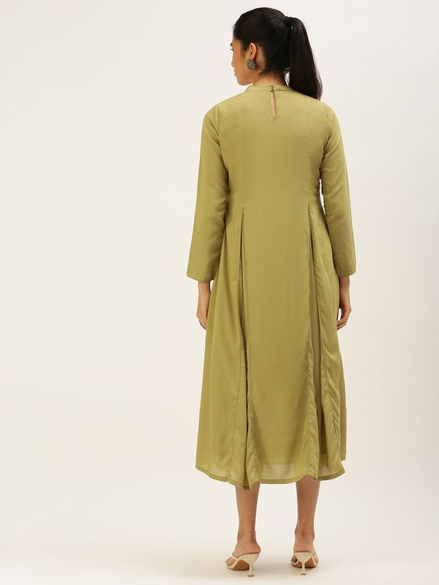 Bollywood Vogue Ready To Wear Collar Neck Calf Length Length Khaki Dress