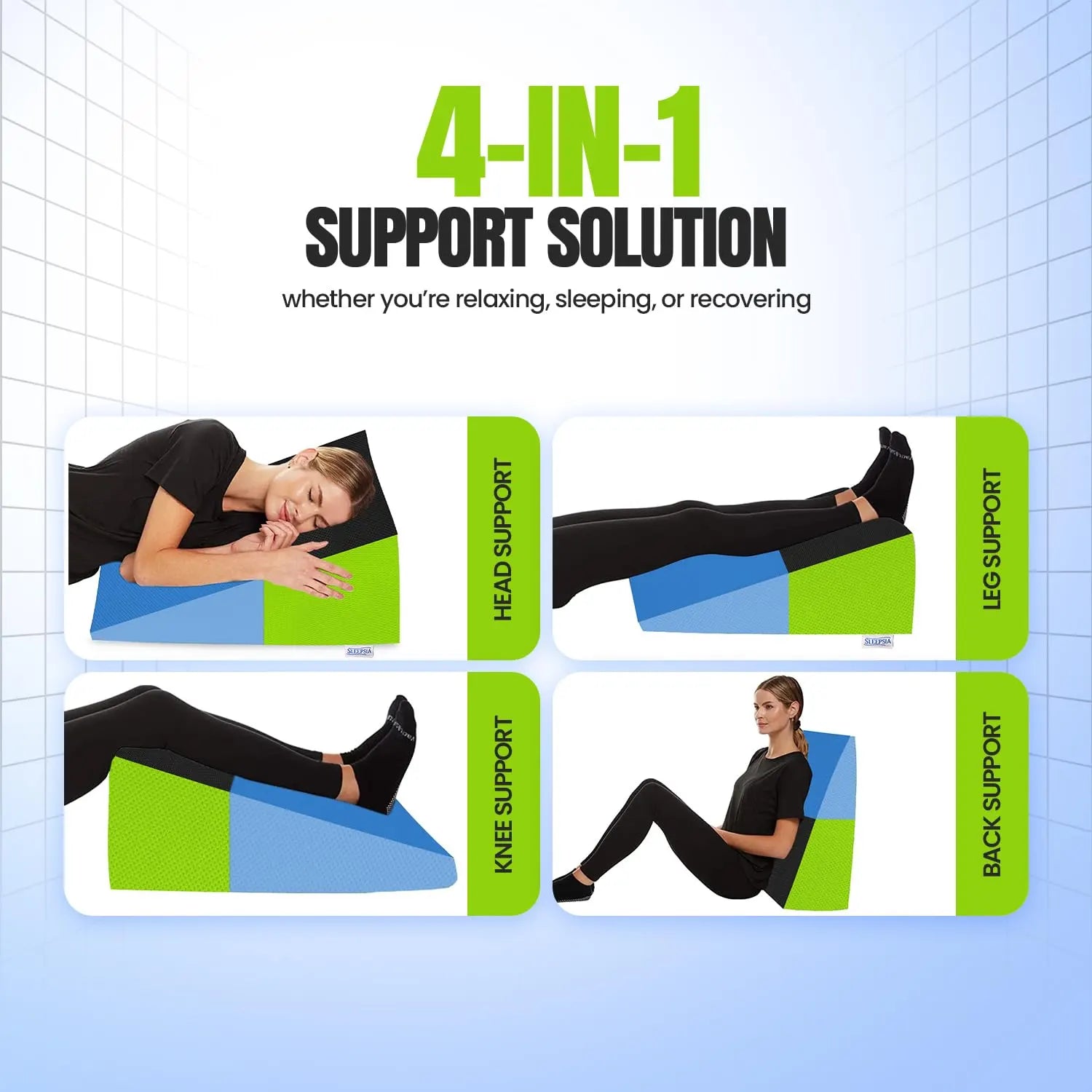 Sleepsia Wedge Pillow for Sleeping | Back Support Orthopedic Memory Foam Wedge Cushion | Back & Leg Support- Green/Black