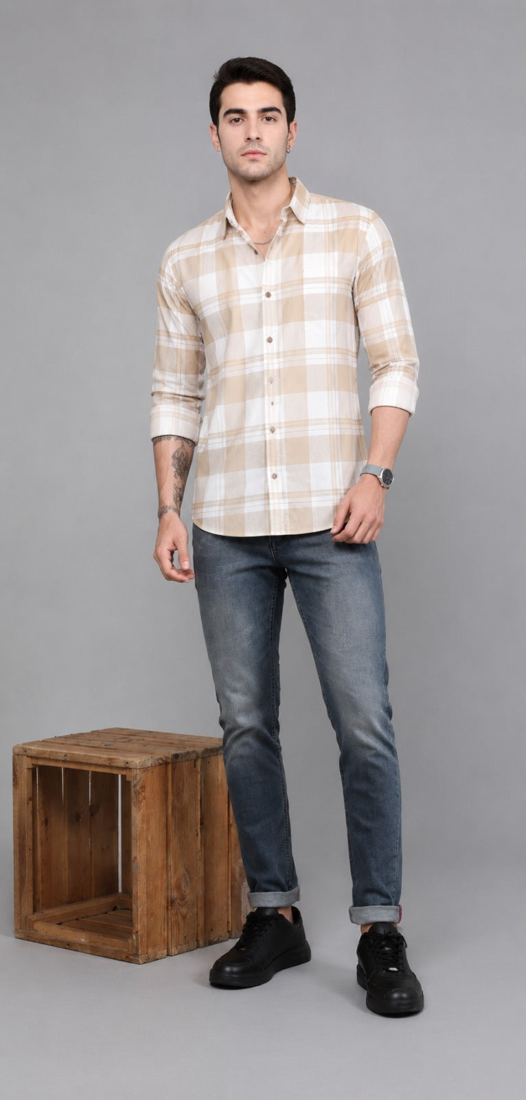 Henshika Men Checkered Casual Full Sleeve Shirt – New Chex – Beige