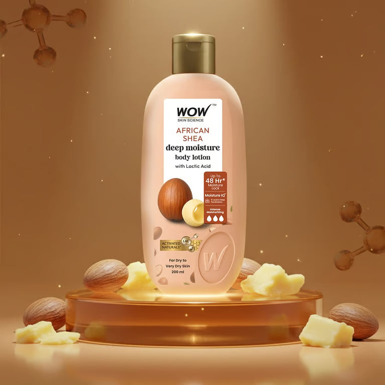 WOW Skin Science African Shea Butter Body Lotion with Lactic Acid for Deep Hydration and 48 Hours Moisturization for Dry and Rough Skin 200ml