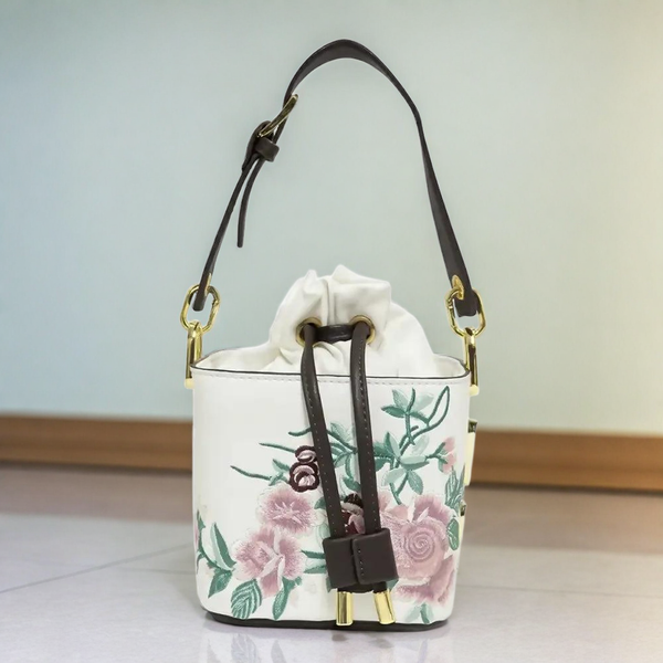 Floral Embroidered Charcoal Bucket Bag with Drawstring Closure