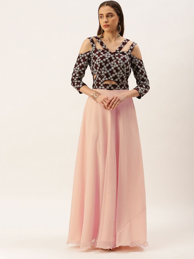 Bollywood Vogue Ready To Wear Purple N Dark Wine Muslin Embroidered Gown
