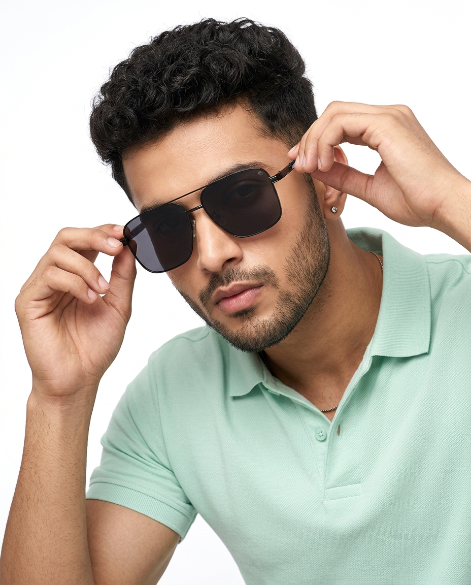 Eyejack Black Square Sunglasses for Men and Women - Style L826 - worn by a male model (image 1)