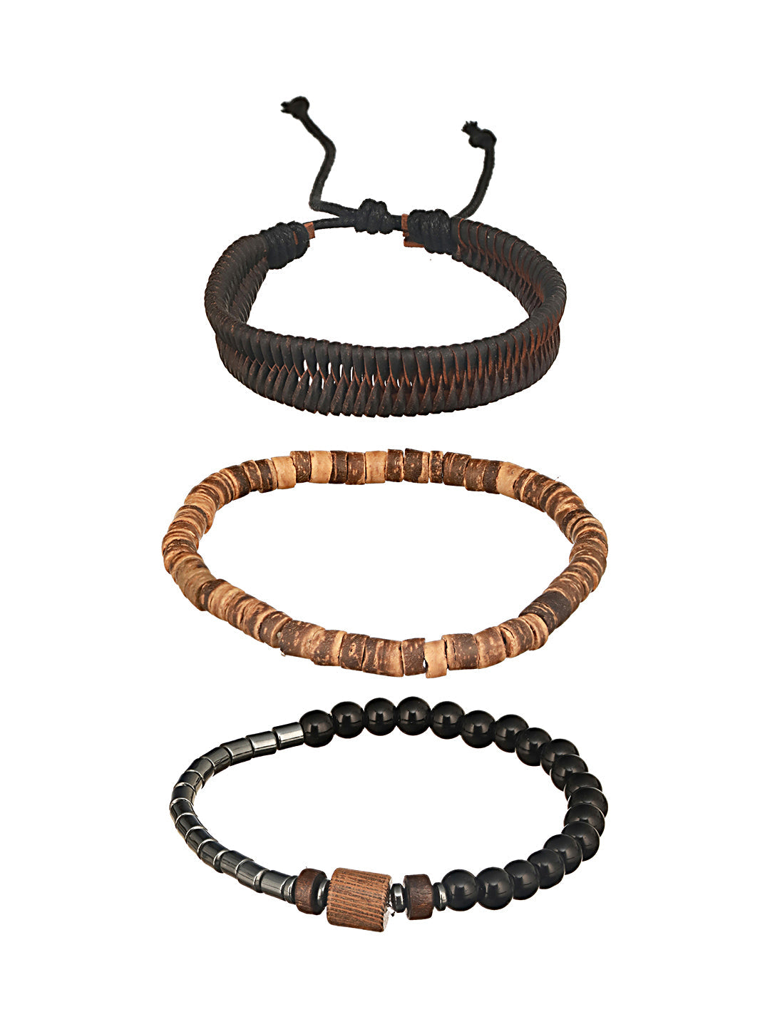 Jazz And Sizzle Men Set of 3 Brown Beaded & Coffee Brown Leather Bracelet