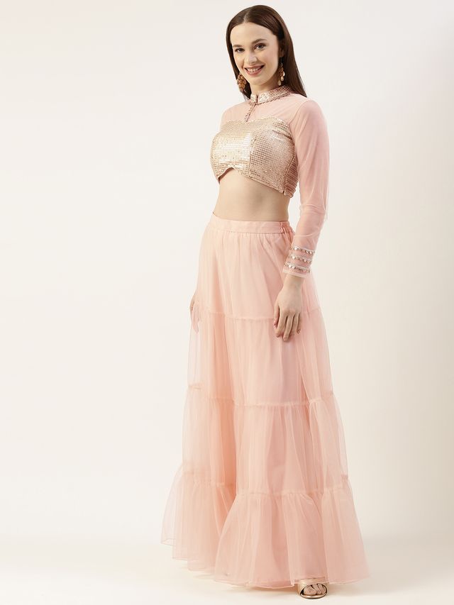 Bollywood Vogue Ready To Wear Beige Sequins Embroidered Tiered Lehenga Set