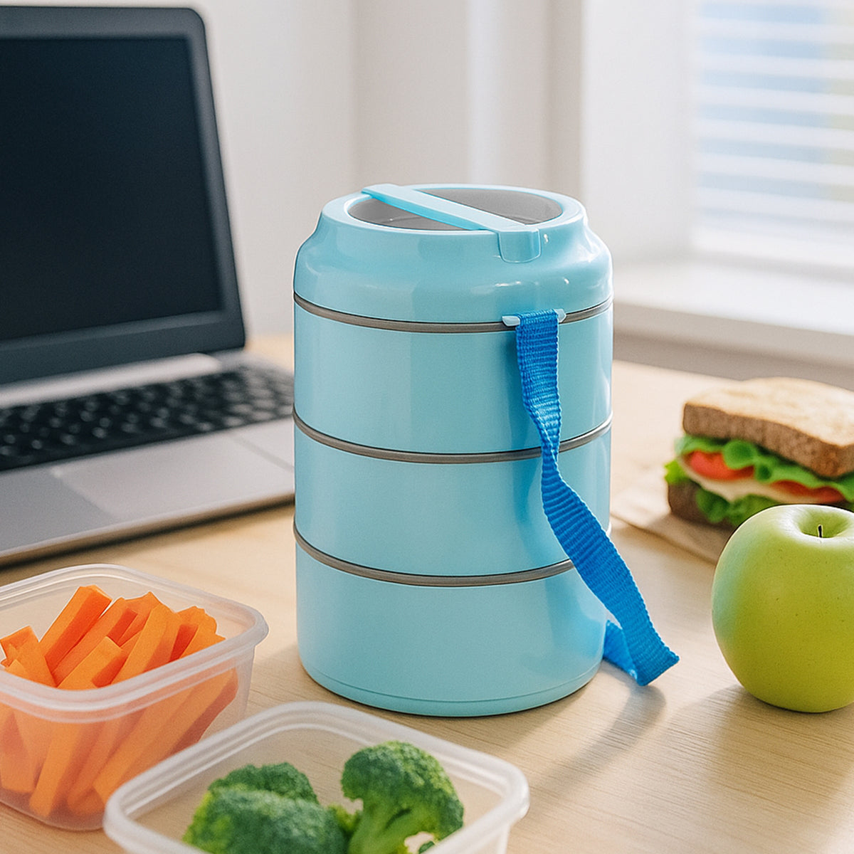 3 Layer Insulated Lunch Box Set with Handle & Strap – Stackable Tiffin Carrier for Office, School & Travel – Leak-Proof Food Storage Container