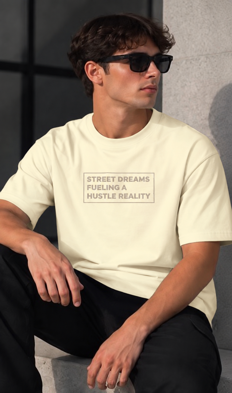 HUSTLE Men's Crew Neck Oversized Tees - Cream