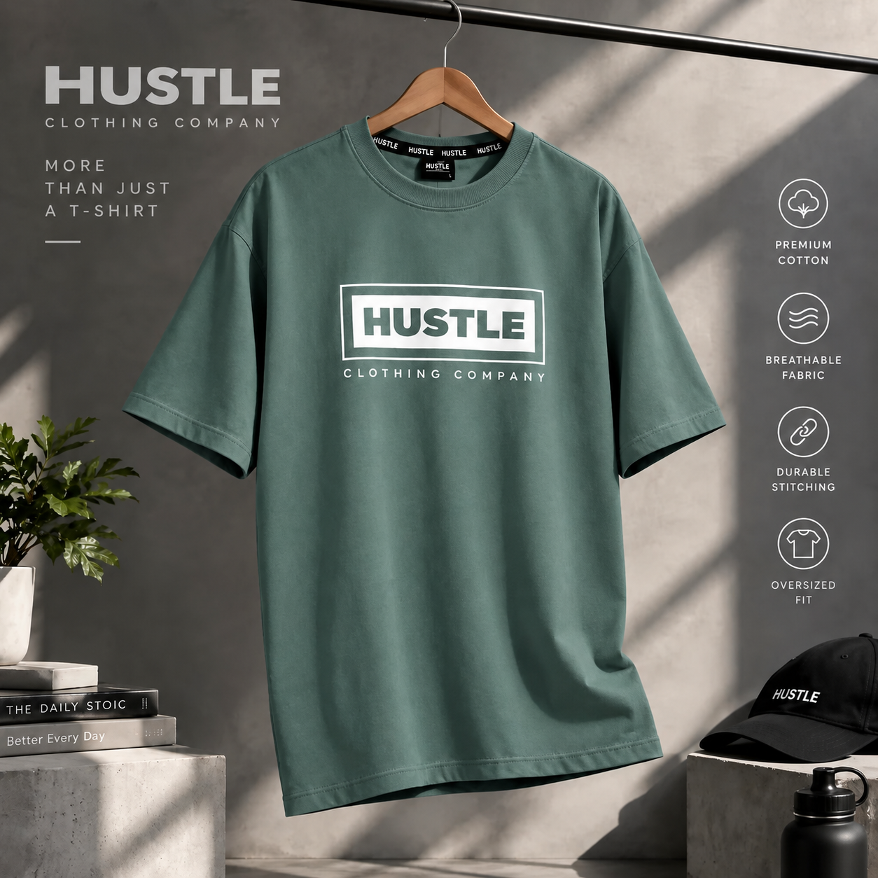 Men's Oversized Hustle Graphic T-Shirt – Slate Blue Relaxed Fit Cotton Tee