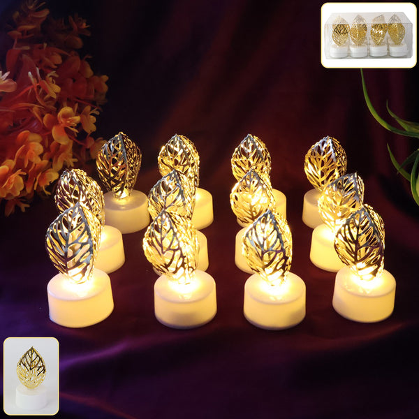 Set of 12 Decorative Golden Leaf Shaped Flameless LED Candles – Flickering Light for Home Décor(12 Pc)