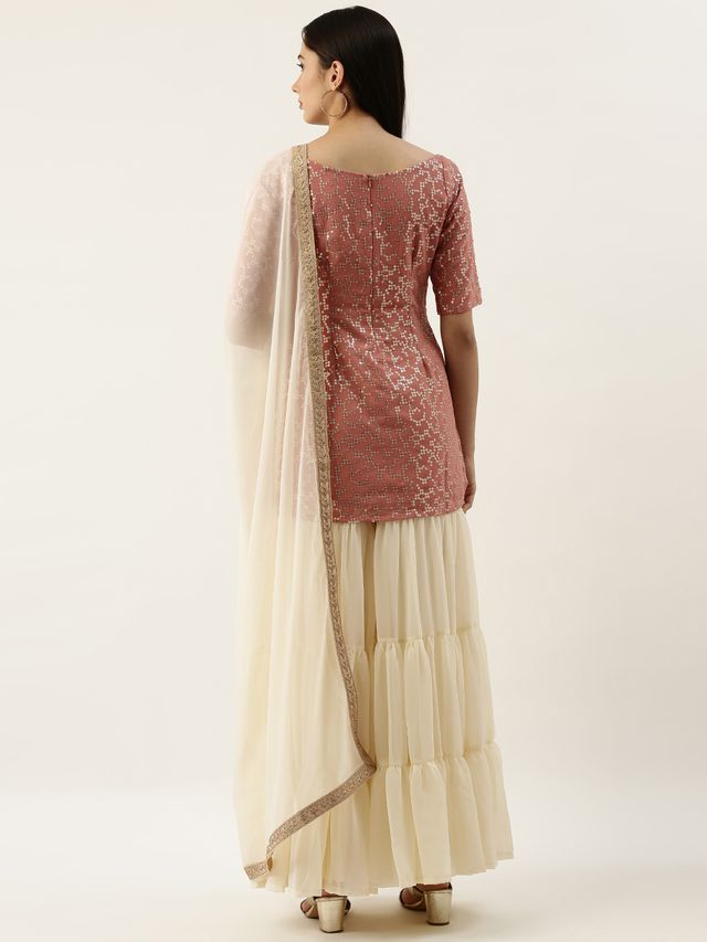 Bollywood Vogue Ready To Wear Pink N Off White Embroidered Sharara Suit