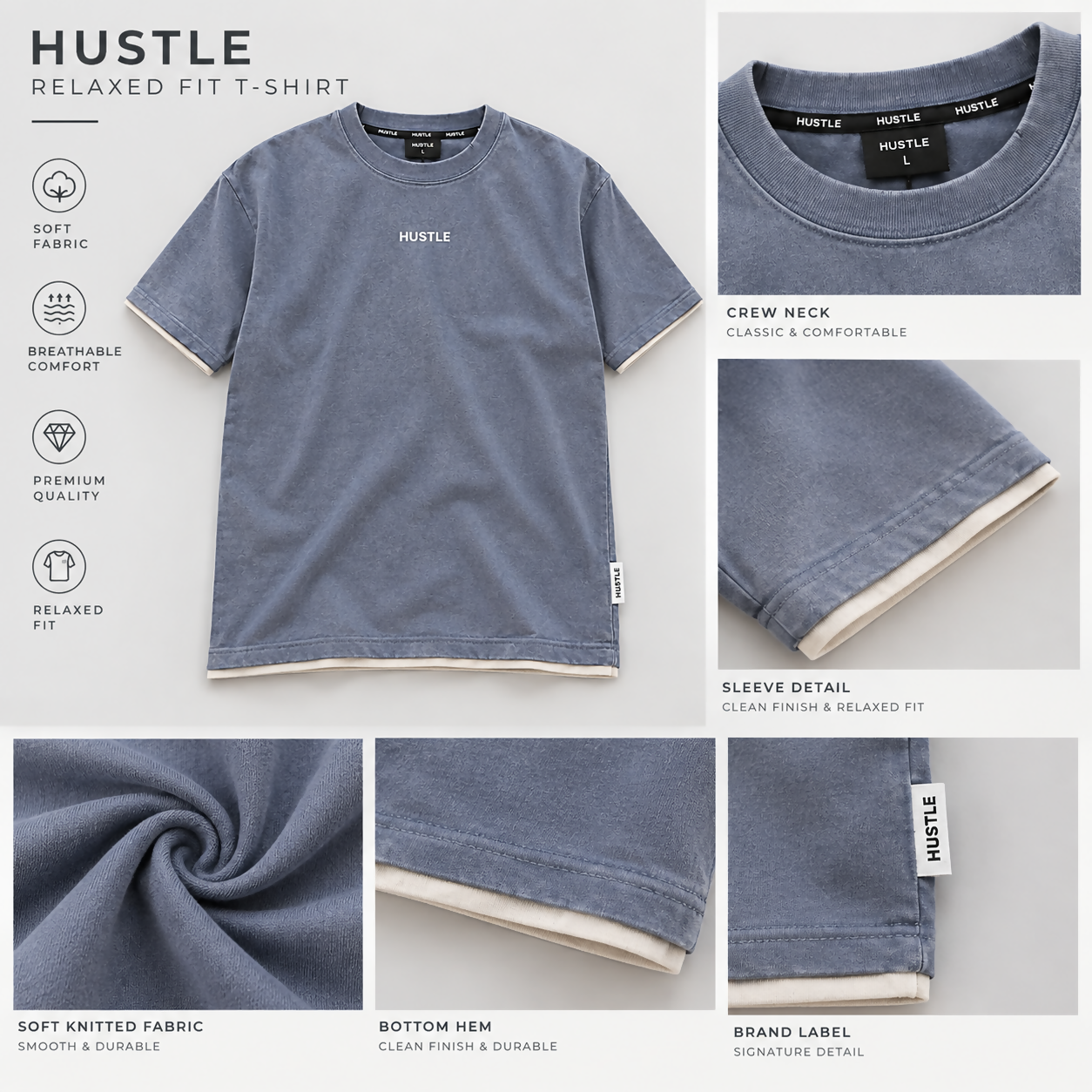 Men’s Relaxed Fit Hustle Printed Crew Neck T-Shirt – Steel Blue