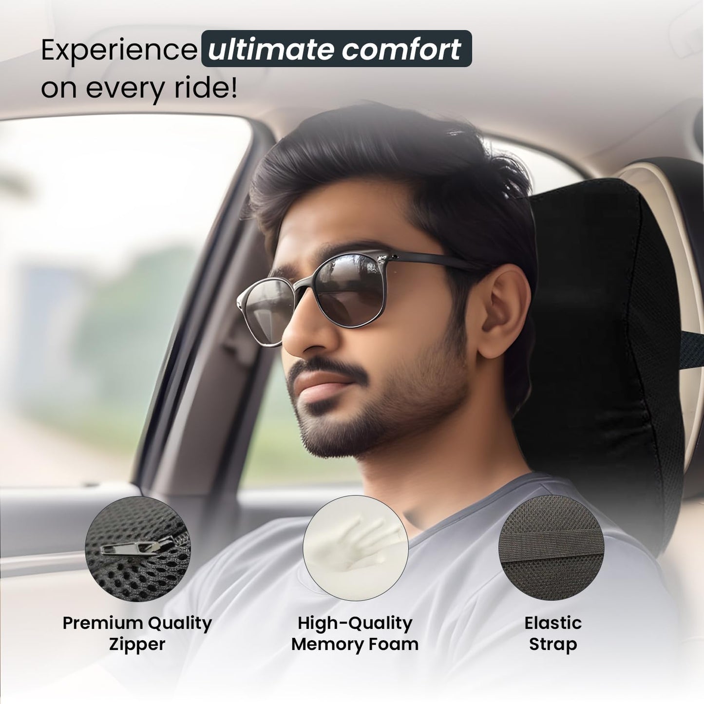 Sleepsia Car Neck Pillow for Head & Cervical Support | 100% Memory Foam | Ergonomic Car Seat Headrest Cushion – Relieves Neck Pain (Black)