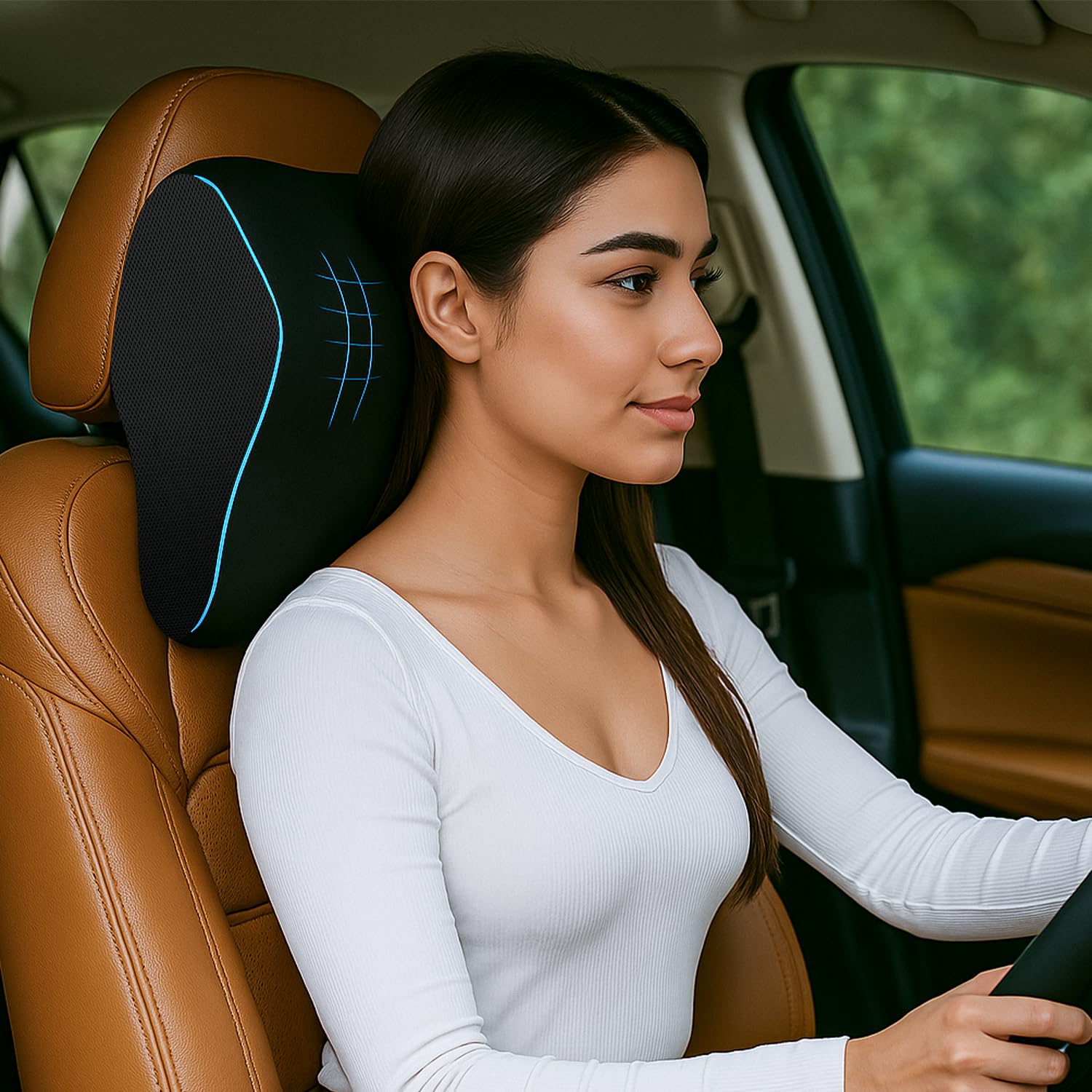 Sleepsia Car Neck Pillow for Head & Cervical Support | 100% Memory Foam | Ergonomic Car Seat Headrest Cushion – Relieves Neck Pain (Black)