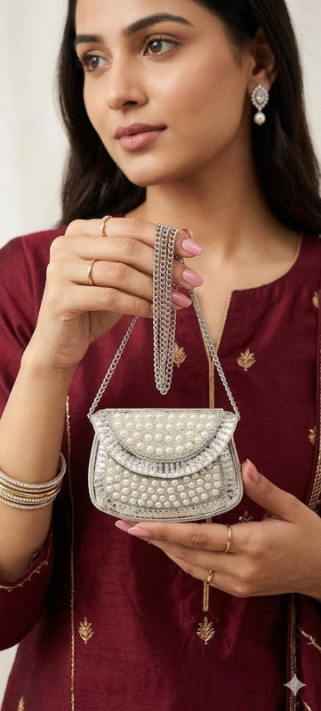 Buddy Cares Metal Bag for Women, Silver Pearl Embellished Clutch Purse with Chain Strap – U-Shape – view 6 – Buddy Cares