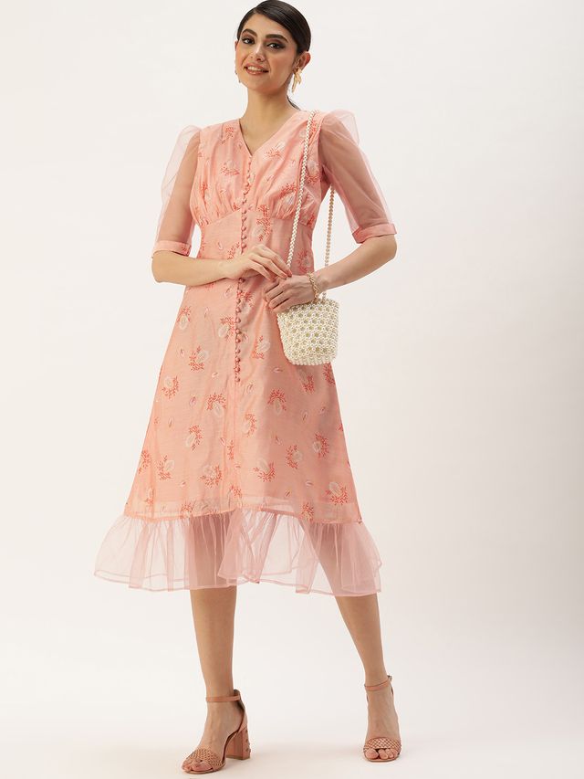 Bollywood Vogue Ready To Wear Peach Foil Printed A Line Dress