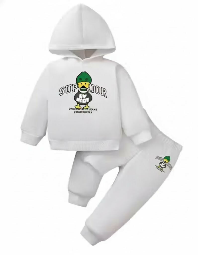 Kids Superior Duck Printed White Cotton Blend Hoodie & Jogger Set Luck Fashion