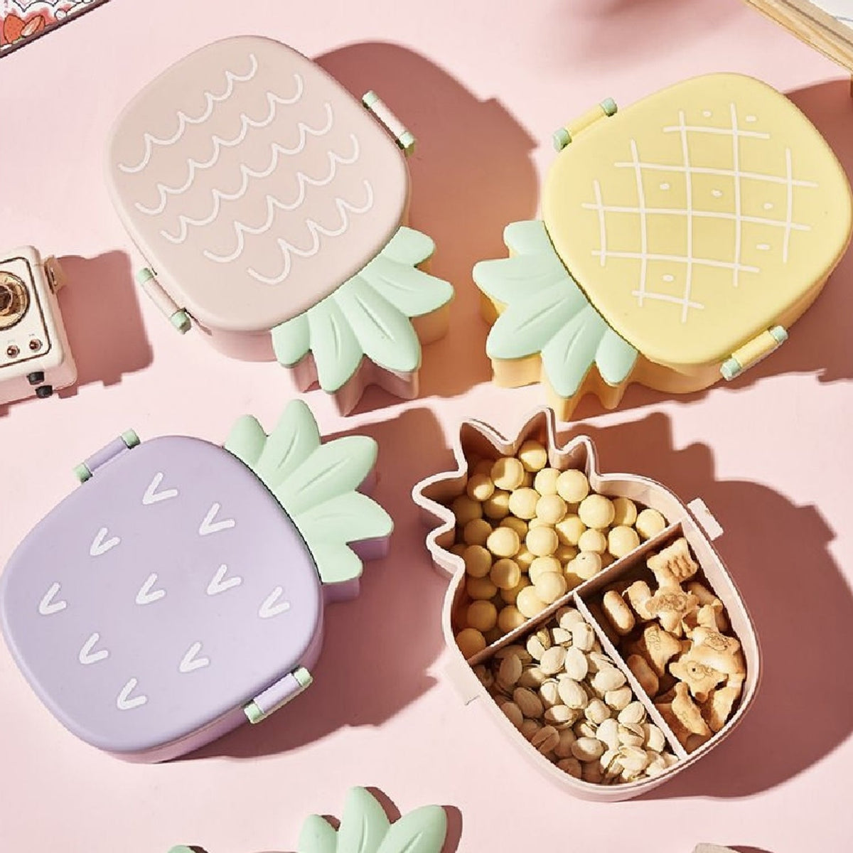 Kids Lunch Box Cute Pineapple Shaped Bento Box With Fork Spoon Snack Candy Container Microwave Portable Office Lunch Box (1 Pc With Spoon Fork Color Box) HP DD