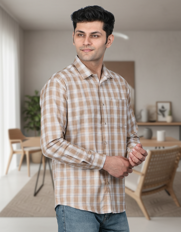 Cotton Blend Full Sleeves Chequered Shirt for Men, Beige