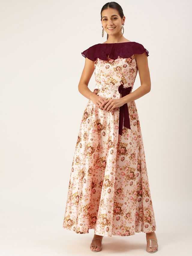 Bollywood Vogue Ready To Wear Pink Taffeta Digital Printed N Burgundy Dress