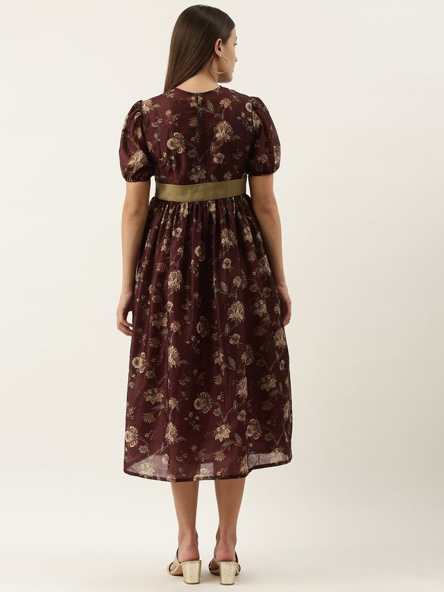 Bollywood Vogue Ready To Wear Maroon Chanderi Silk Puff Sleeve Dress