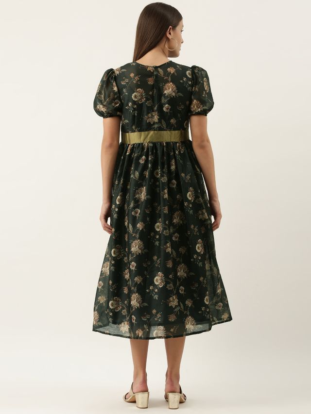 Bollywood Vogue Ready To Wear Green Chanderi Silk Puff Sleeve Dress