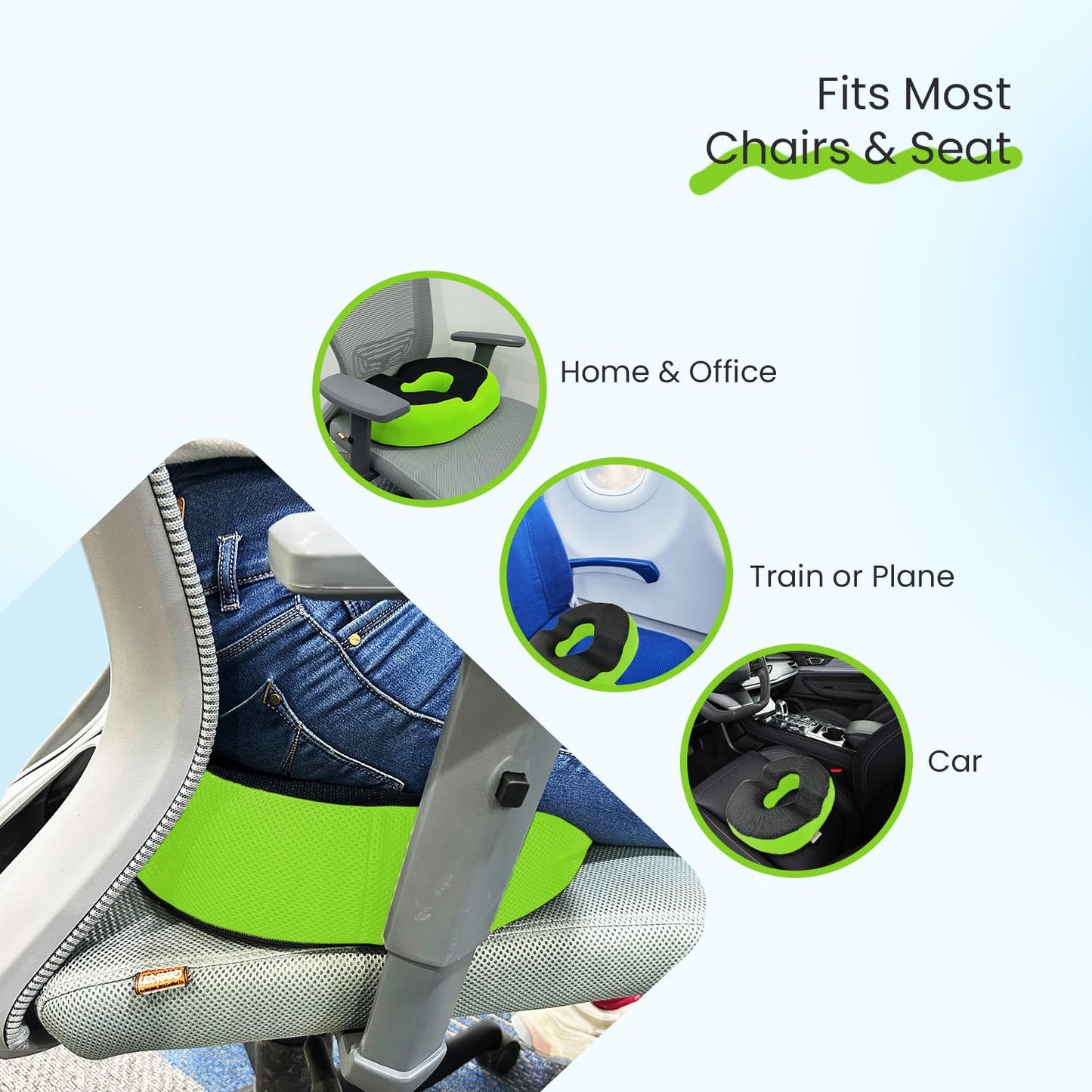 Sleepsia Donut Pillow for Tailbone Pain | Coccyx Seat Cushion for Chair- Car Seat Cushion (Green/Black,Gel Memory Foam)