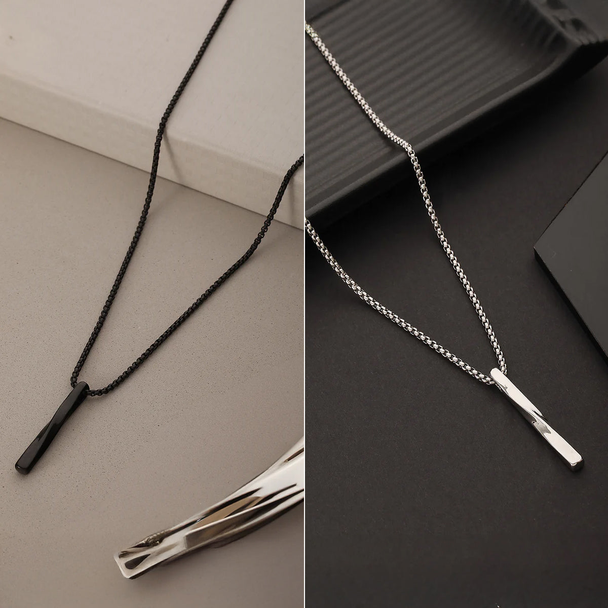 Jazz And Sizzle Set of 2 Twisted Cube Bar Pendant Necklace and Silver-Toned Silver-Plated Necklace Combo