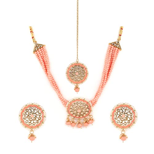 Peach Beads Kundan Gold Plated Traditional Choker Set With Maangtika