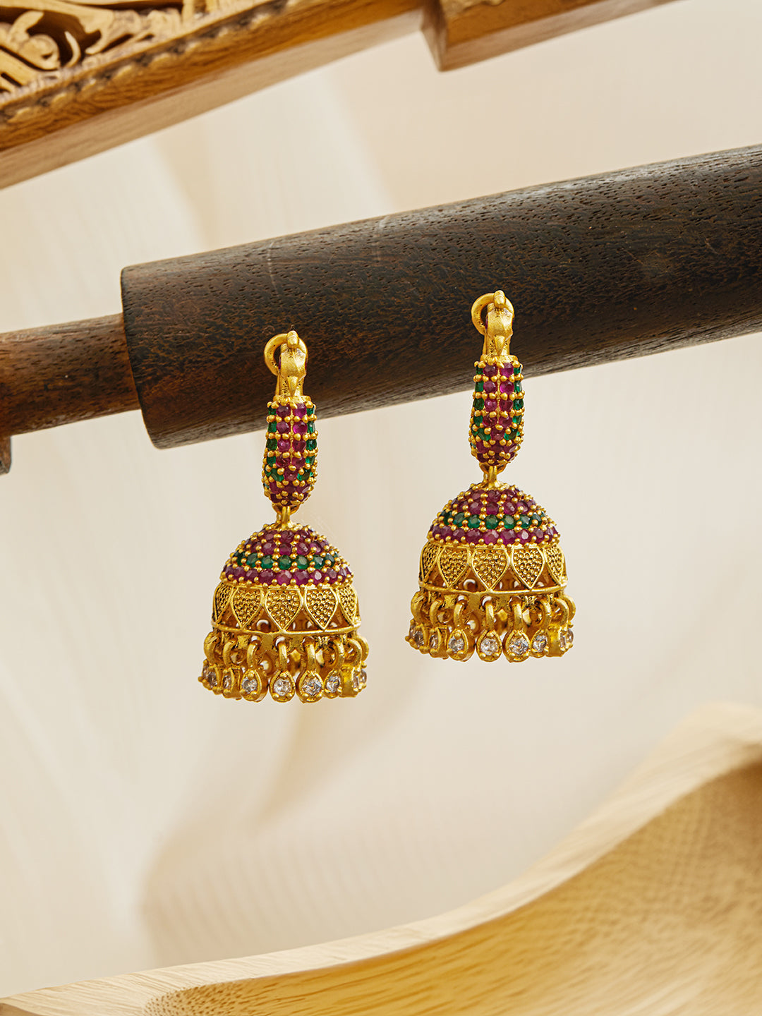 24CT Gold-Plated Stone Studded & Beaded Peacock Shaped Jhumkas