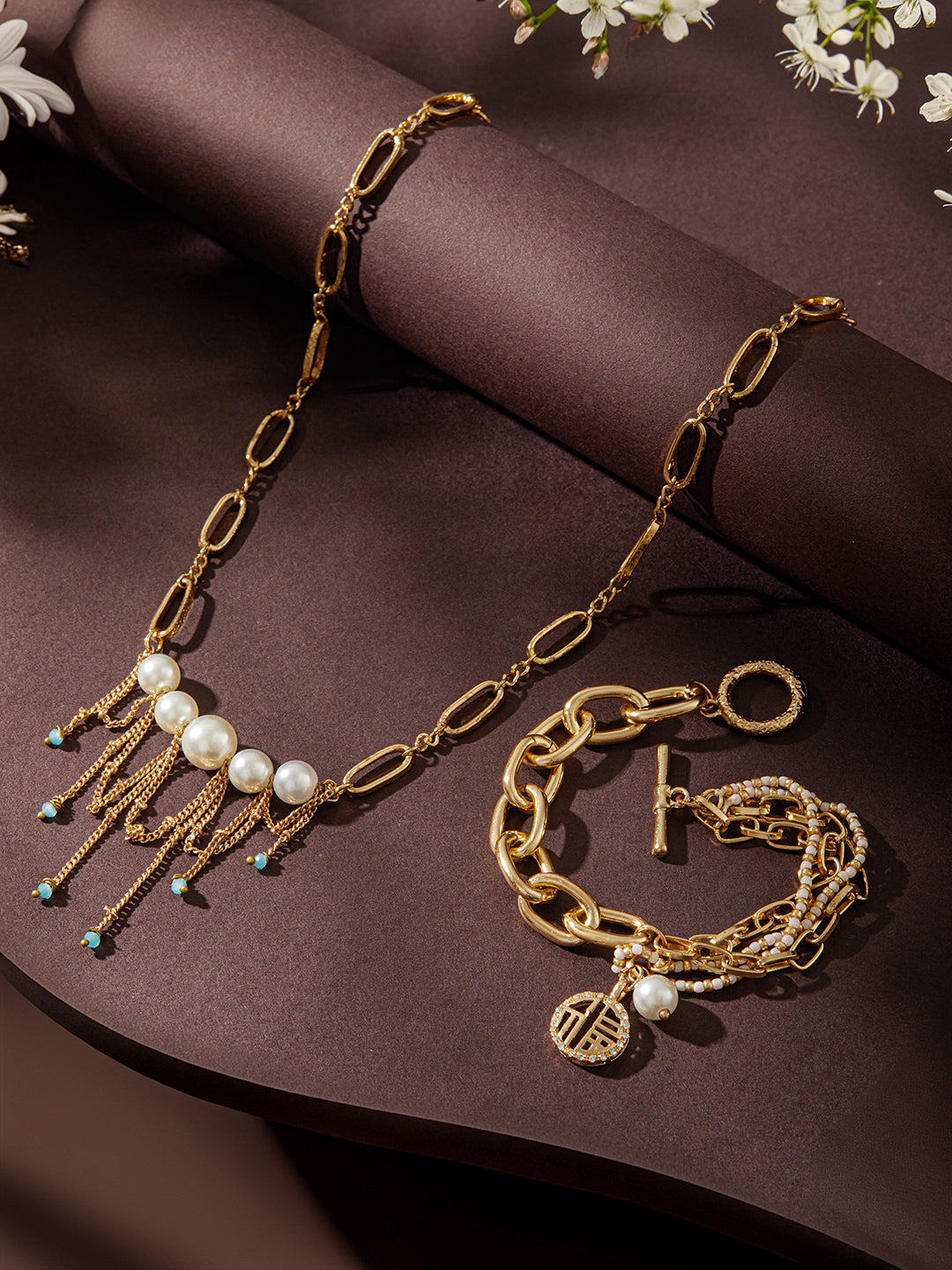 Jazz And Sizzle Set of 2 Gold-Plated Pearls & Charm Beaded Necklace Chain & Bracelet