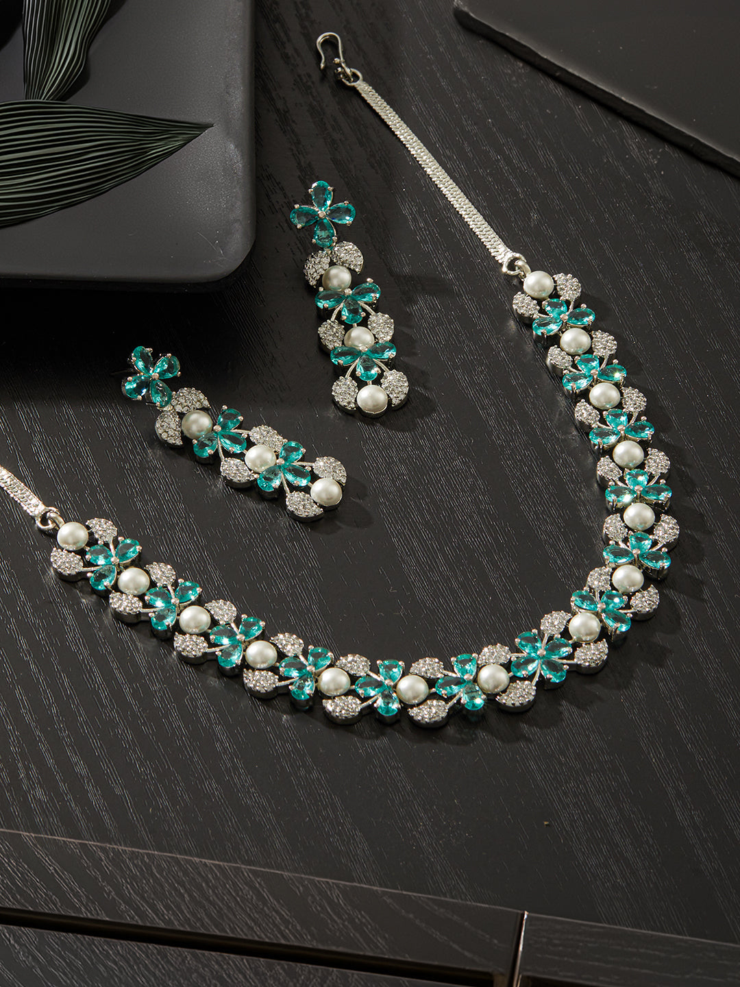 Jazz And Sizzle Rhodium -Plated Mint Green American Diamond Studded Handcrafted Jewellery Set