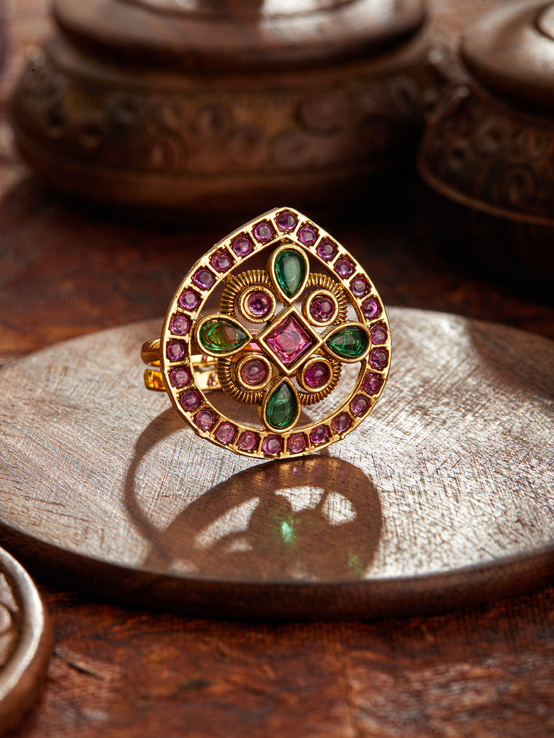Gold-Plated Stones Studded Adjustable Finger Ring