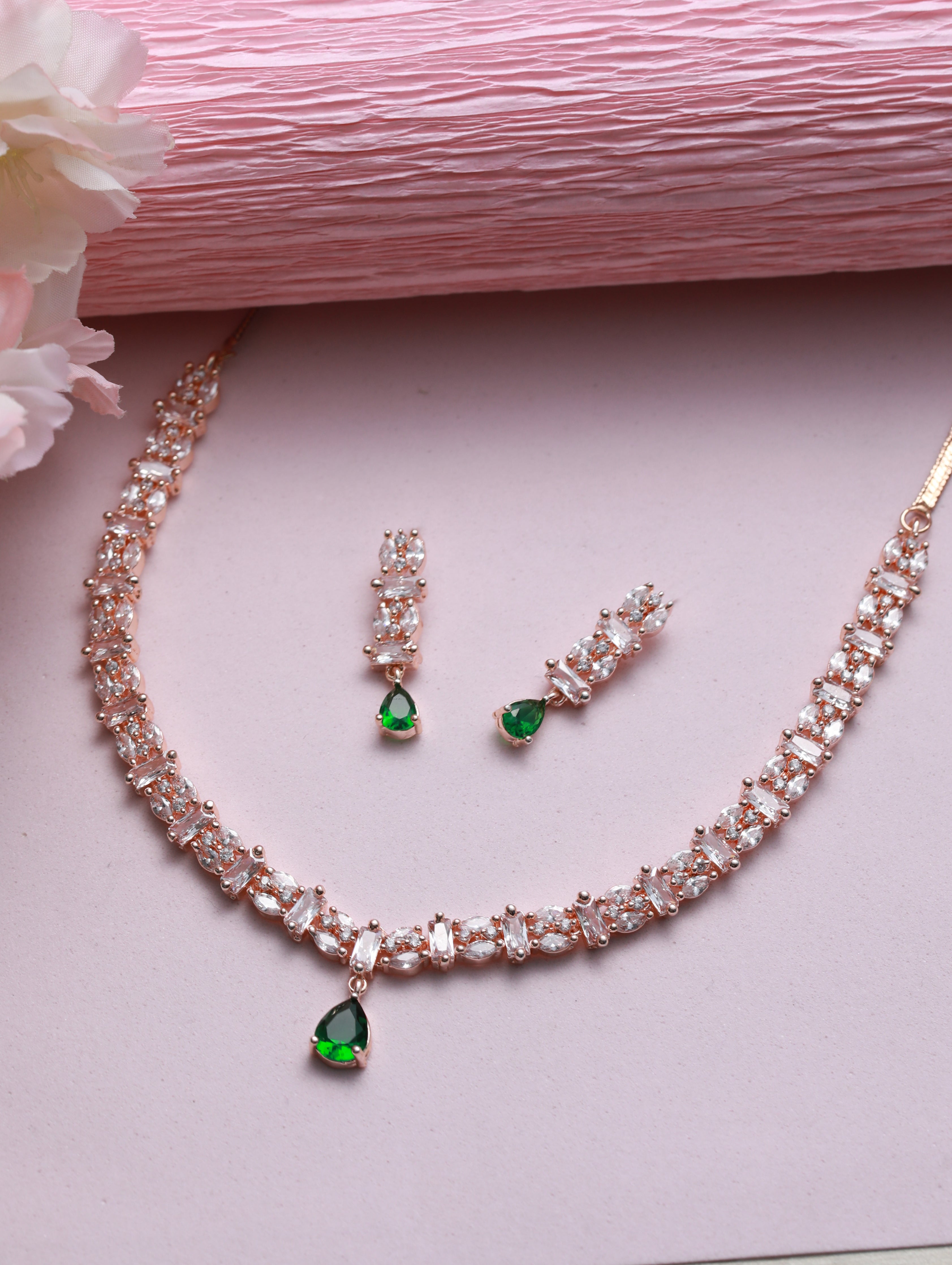 Rose Gold-Plated Green American Diamond & Cz-Studded Jewellery Set