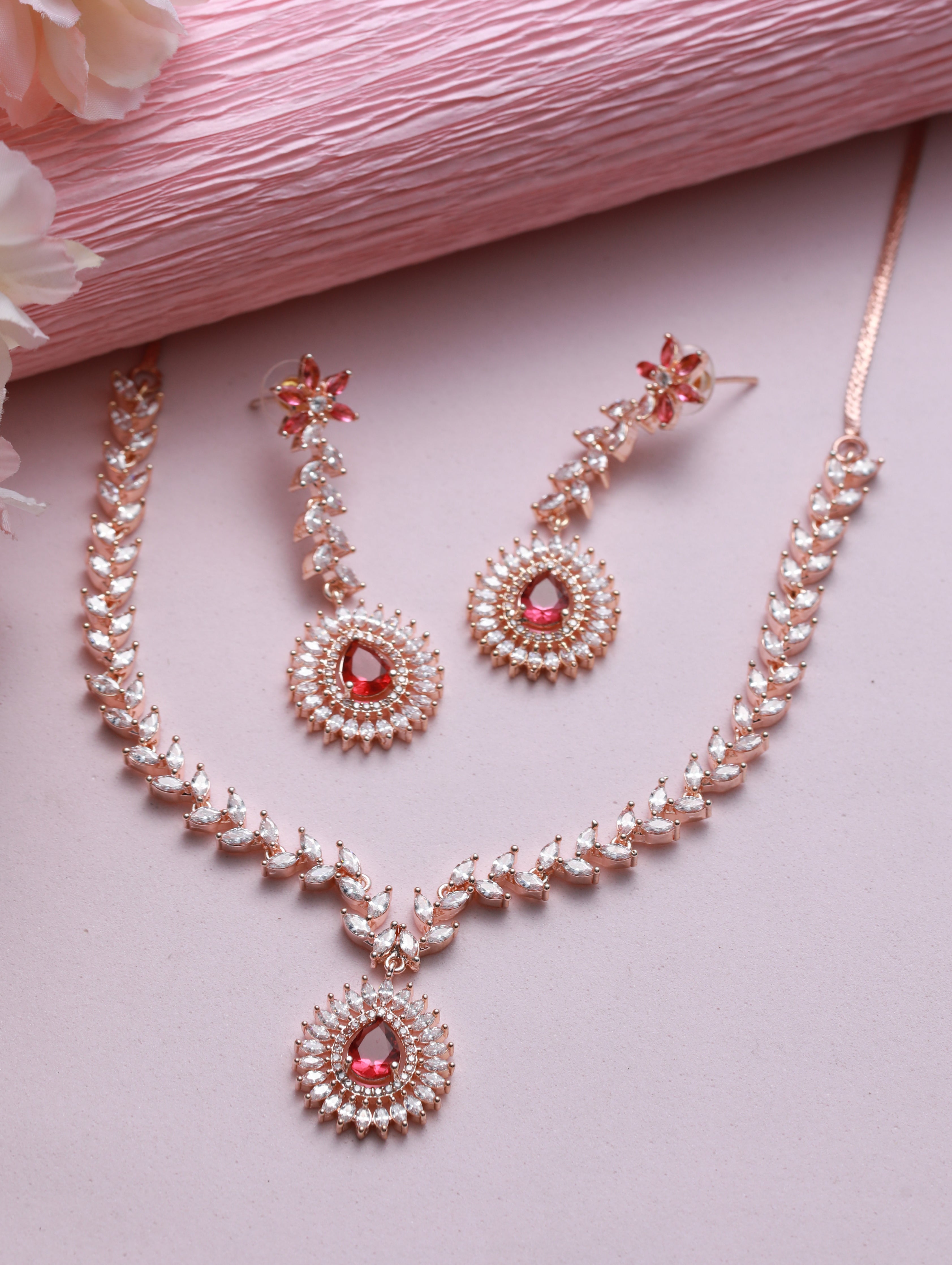 Rose Gold-Plated Red American Diamond & Cz Studded Handcrafted Jewellery Set