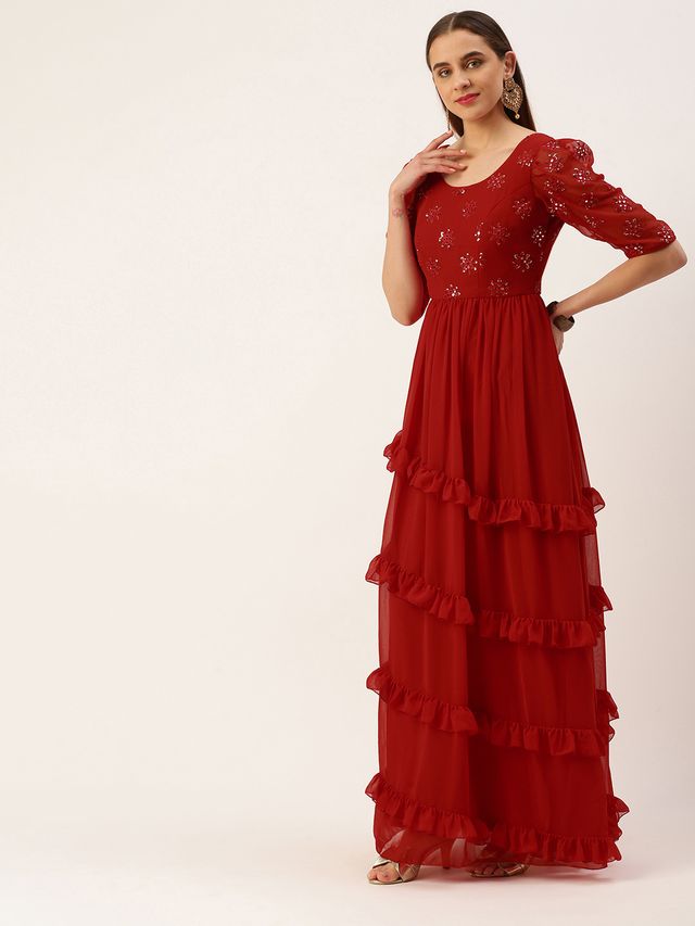 Bollywood Vogue Ready To Wear Red Georgette Embroidered Maxi Dress