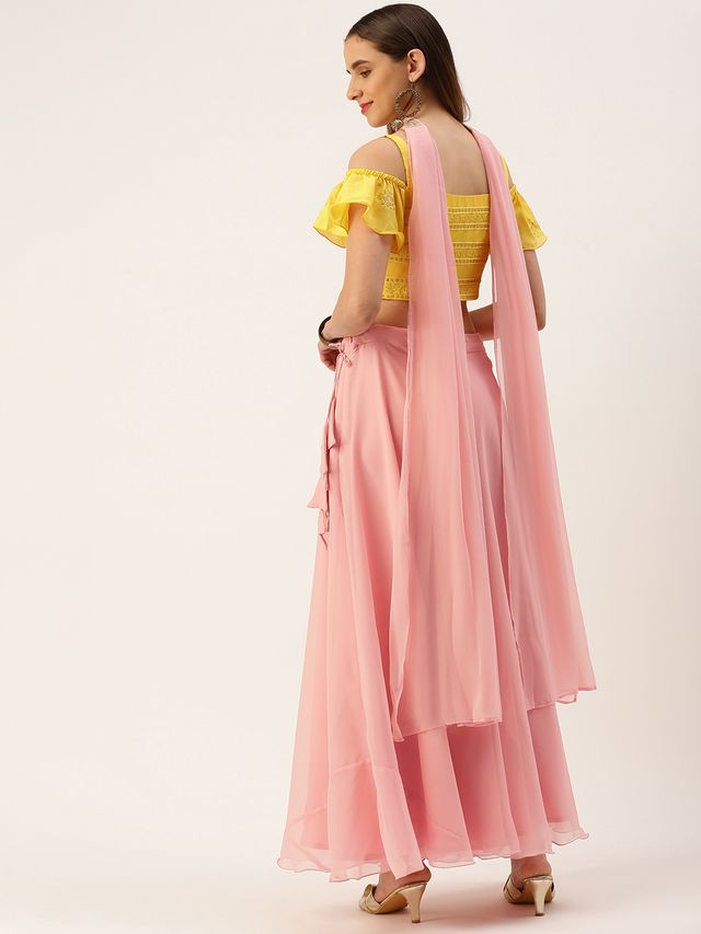 Bollywood Vogue Ready To Wear Pink N Yellow Embroidered Lehenga Set