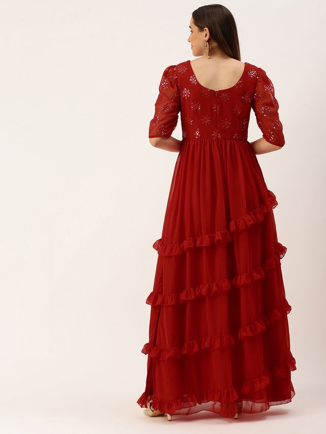 Bollywood Vogue Ready To Wear Red Georgette Embroidered Maxi Dress