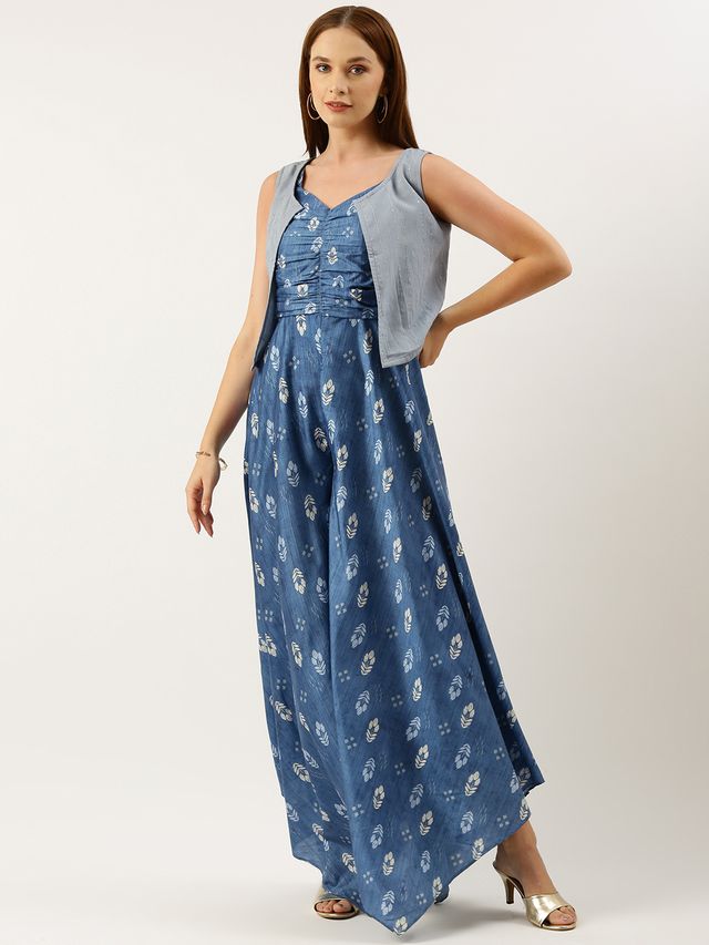 Bollywood Vogue Ready To Wear Blue Digital Printed Jacket Style Jumpsuit