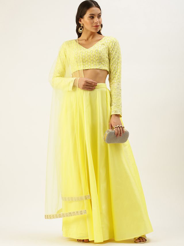 Bollywood Vogue Ready To Wear Lemon Yellow Embroidered Low V Neck Lehenga Set
