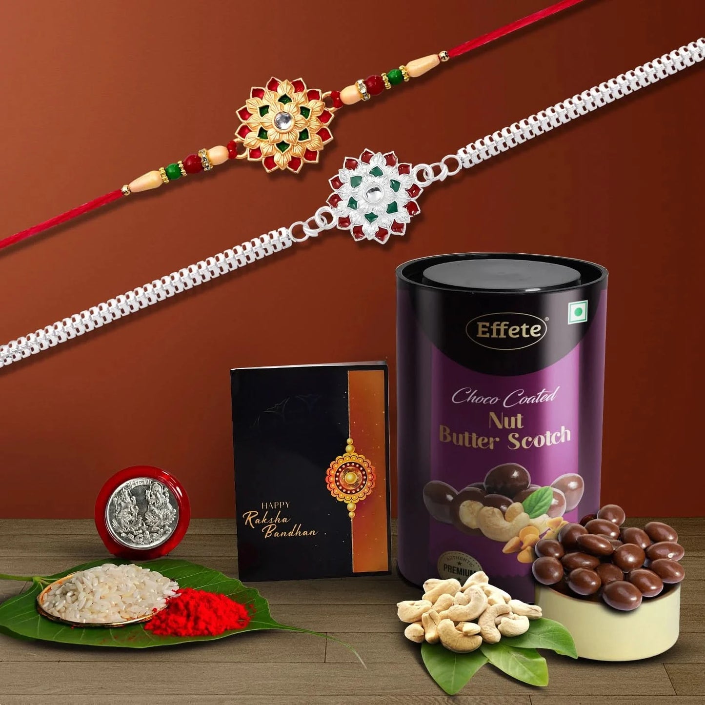 Designer Rakhi Gift Combo – With Choco Coated Butterscotch, Tilak & Coin