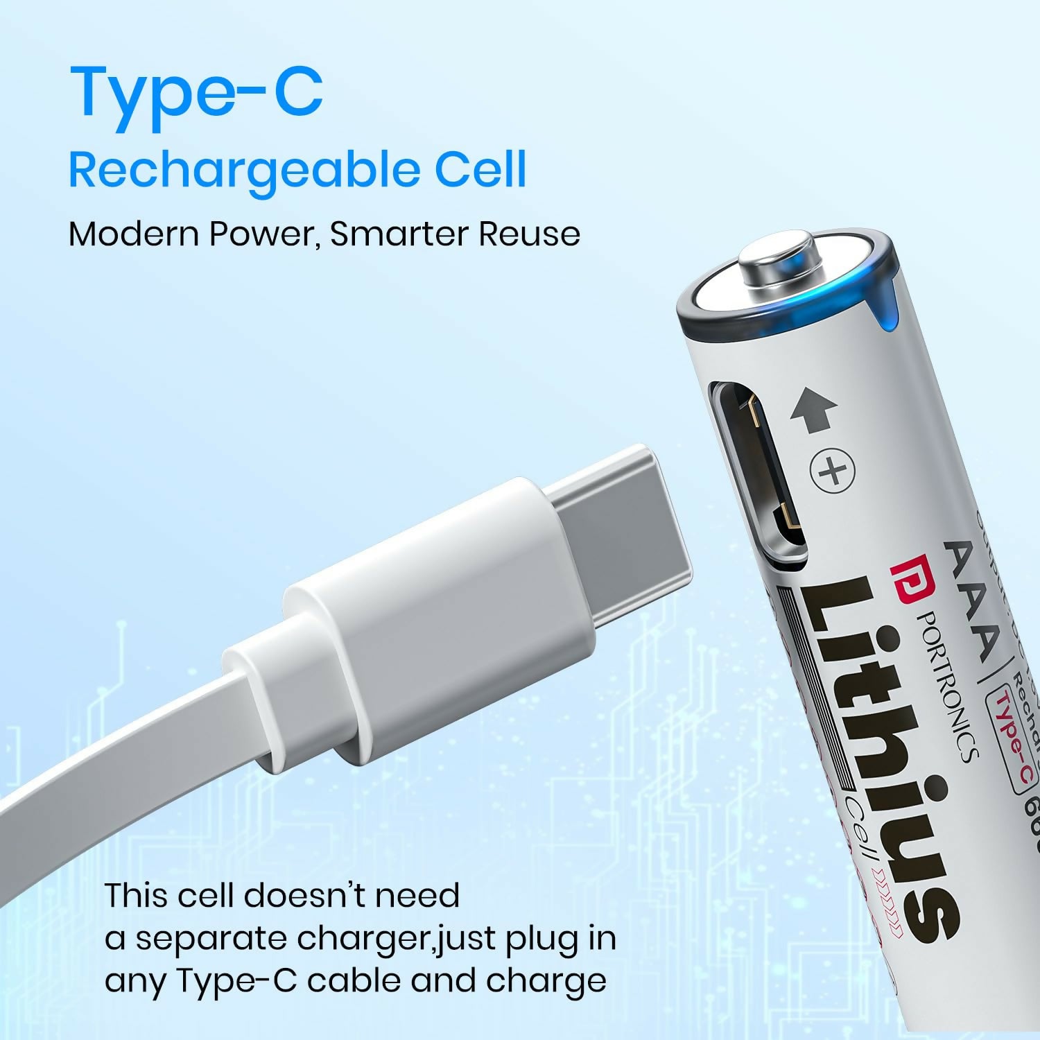 Portronics AAA Lithius Type-C Rechargeable Batteries Pack of 2 | Lithium-Ion, 440mAh, 1.5V, Low Self-Discharge, White