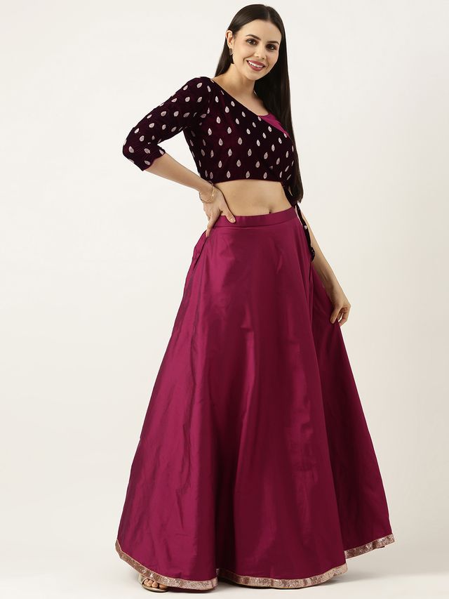 Bollywood Vogue Ready To Wear Magenta Embroidered Velvet Blouse N Silk Skirt Set