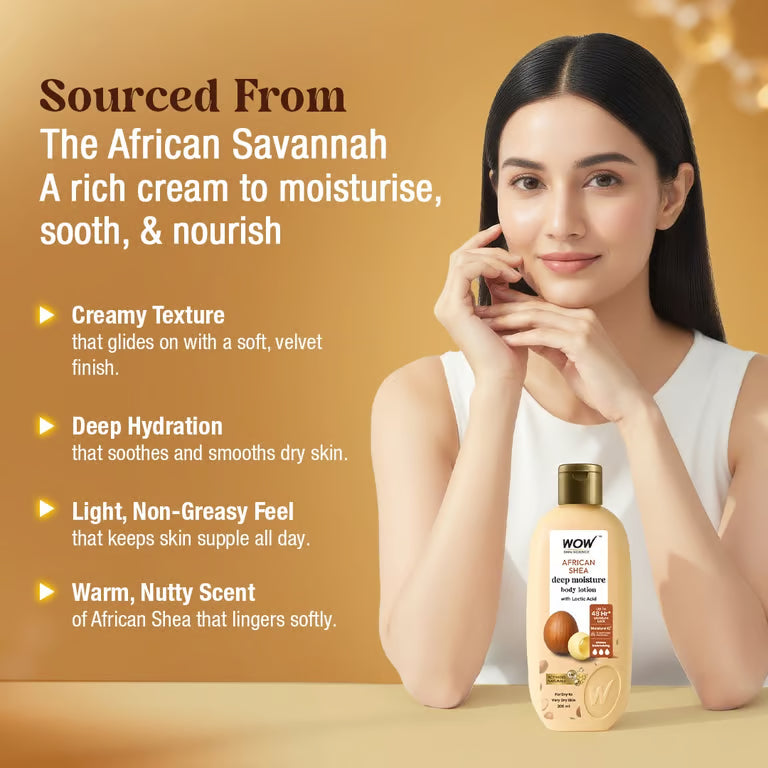 WOW Skin Science African Shea Butter Body Lotion with Lactic Acid for Deep Hydration and 48 Hours Moisturization for Dry and Rough Skin 200ml
